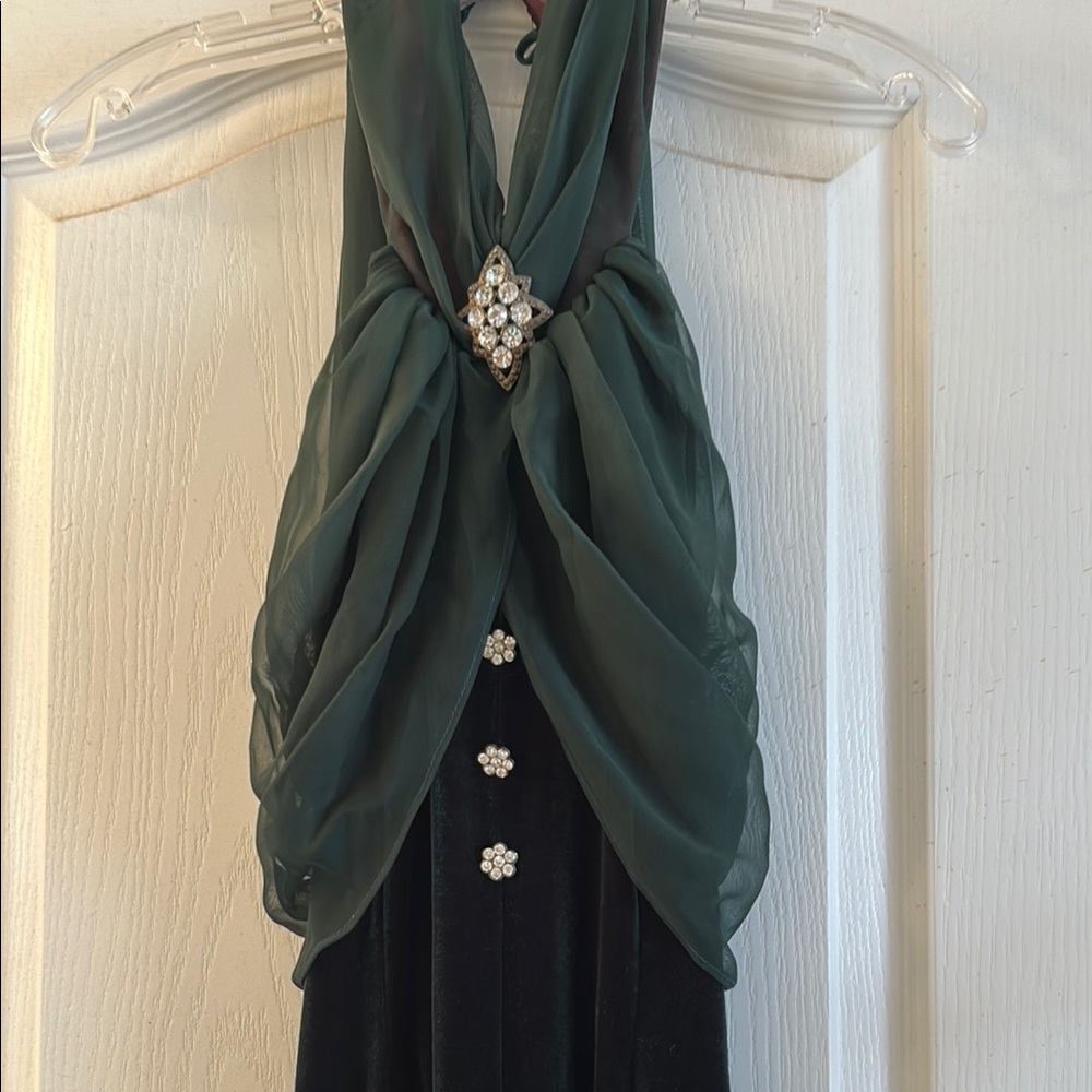 Green and Black Ruched Halter Gown